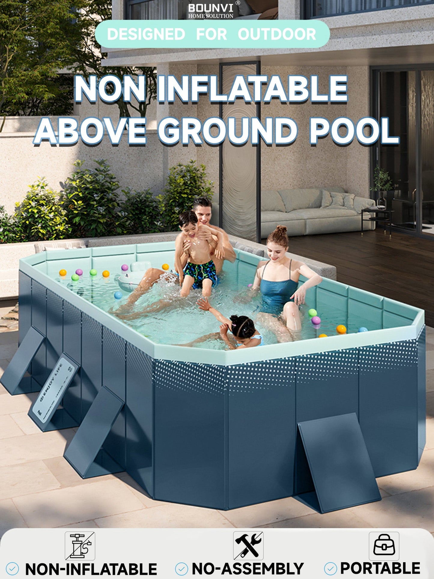 122" Non-Inflatable Foldable Swimming Pool for Family, Portable Above Ground Pool for Adults & Kids, Easy Setup for Outdoor, Backyard, Garden, Camping - Durable PVC(122"×65"×20", Std)